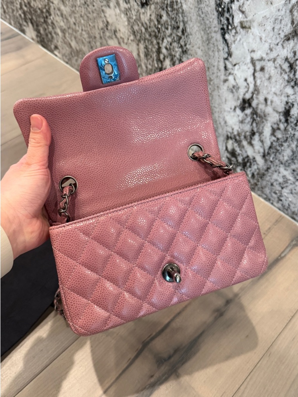 Chanel Caviar Mini Rectangular Flap Bag in Pink with Gunmetal Hardware - Picture 7 of 10